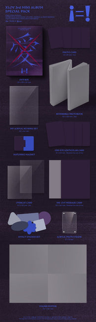 XLOV i=! 3rd Mini Album Special Pack packshot – outer box 170x230x50mm, 4 photocards 55x85mm, 64-page reversible photobook 160x220mm, DIY acrylic keyring set, matching magnet, odd eye lenticular card 1 of 4, 2 overlay cards, die-cut message card 1 of 4, 6 effect stickers, acrylic photo frame 57x87mm, folded poster 320x240mm
