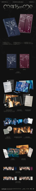 &TEAM Mark on Me official packshot – outboxes, 56-page photobook, prologue sheet, logo stickers, paper tag, accordion postcard, CD and sleeve, poster, lyric paper and photocards A and B with dimensions