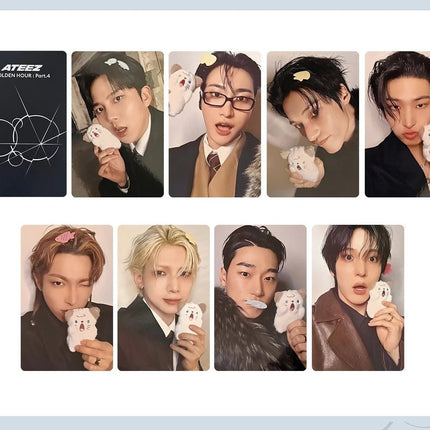 ATEEZ Golden Hour Part 4 photocard set featuring members holding plush toys with cute poses and styled outfits