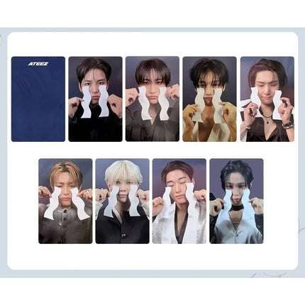 ATEEZ Golden Hour Part 4 photocard set featuring members holding torn paper props