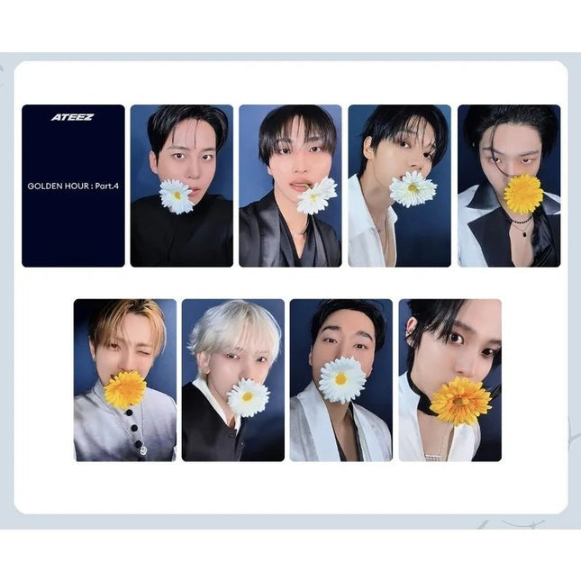 ATEEZ photocard collection featuring members holding flowers in front of face
