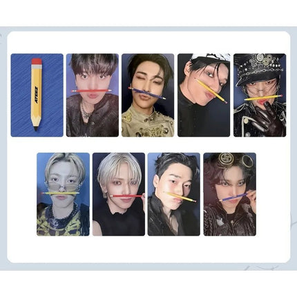 ATEEZ photocard set with pencil concept featuring members posing with colored pencils