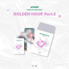 ATEEZ GOLDEN HOUR Part.5 Pop-Up Store MD random trading card pack preview with white, hot pink, and green crystal-splash graphic card backs and blurred member photocard previews; each pack includes 3 random paper cards from 24 designs.