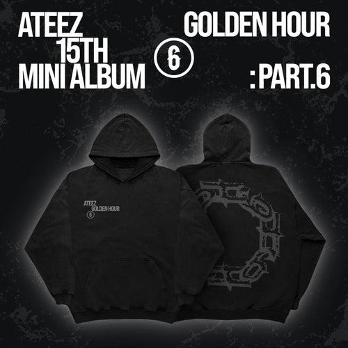ATEEZ GOLDEN HOUR Part.6 official hoodie in washed black, front and back: grey "ATEEZ GOLDEN HOUR 6" left-chest print, kangaroo pocket, large grey gothic graffiti-style spiked circle emblem on the back