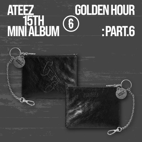 ATEEZ GOLDEN HOUR Part.6 official leather pouch keychain, front and back: glossy black crinkled leather zip pouch with embossed gothic logo and debossed ATEEZ, silver chain, lobster clasp and ATEEZ coin charm