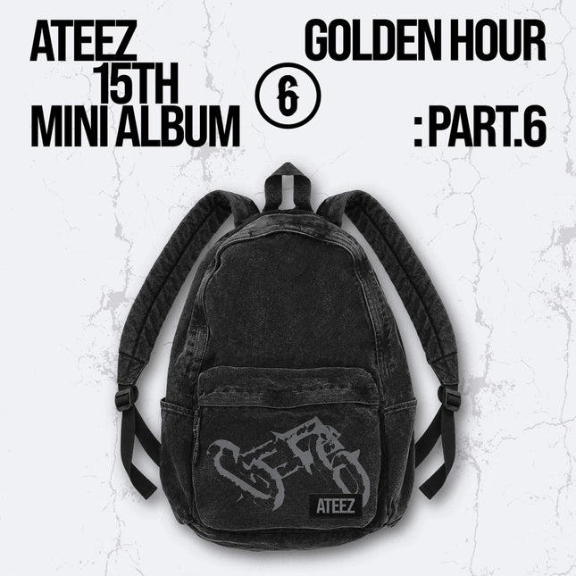 ATEEZ GOLDEN HOUR Part.6 official washed black denim-look backpack with grey gothic graffiti logo print and woven ATEEZ patch on the front pocket, padded adjustable straps