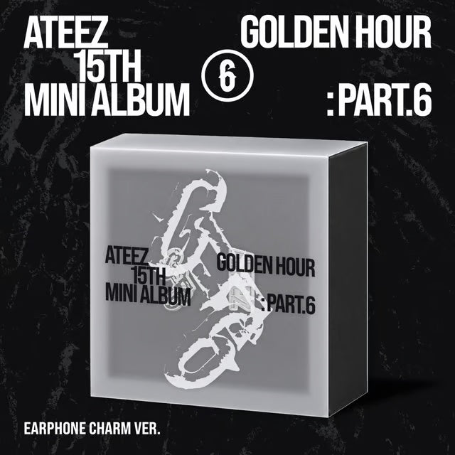 ATEEZ GOLDEN HOUR : Part.6 Earphone Charm Ver. limited edition album, frosted grey-white 130x130 mm box with white distressed GH6 graffiti logo