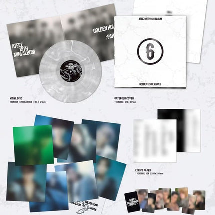 ATEEZ GOLDEN HOUR Part.6 MARBLE Ver. contents: 12-inch marble vinyl disc, gatefold cover, lyrics paper, 8 posters (294x294 mm) and random photocard (1 of 8)