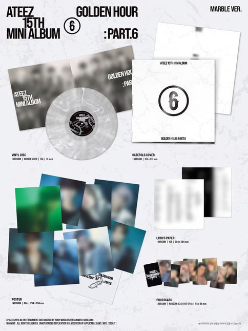 ATEEZ GOLDEN HOUR Part.6 MARBLE Ver. contents: 12-inch marble vinyl disc, gatefold cover, lyrics paper, 8 posters (294x294 mm) and random photocard (1 of 8)