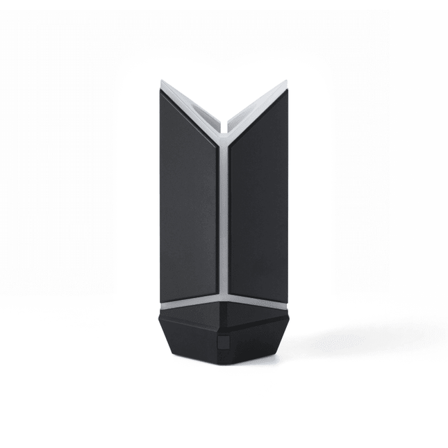 BTS OFFICIAL LIGHT STICK VER.4 CRADLE packaging box and product showing black angular BTS logo-shaped mood light display stand, with light stick attached demonstrating combined lighting effect
