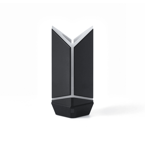 BTS OFFICIAL LIGHT STICK VER.4 CRADLE packaging box and product showing black angular BTS logo-shaped mood light display stand, with light stick attached demonstrating combined lighting effect
