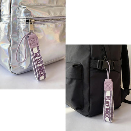 BTS WE ARE BACK Woven Letter Lanyard Strap attached to backpack zipper