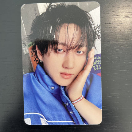Stray Kids Changbin 2026 Season Greetings Straight Supper Club Apple Music POB Photocard — dark tousled hair blue satin shirt bead bracelet stud earring graffiti background