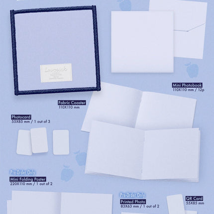 Chaeryeong Lovesick FANS ALBUM Ver. packshot – 130x130mm package, 110x110mm fabric coaster, 12p mini photobook, photocard 1 of 3, QR card, pre-order mini folding poster and printed photo