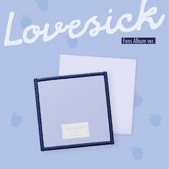 Chaeryeong ITZY Lovesick FANS ALBUM Ver. – lavender fabric coaster with navy embroidered border and Lovesick tracklist label on a periwinkle background with apple motifs