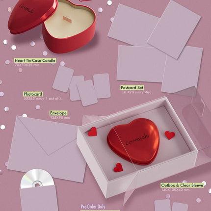 Chaeryeong Lovesick Heart Tin-Case Candle Ver. packshot – 70x70x35mm heart tin candle with wooden wick, 4 postcards, envelope, photocard 1 of 4, mini CD-R, pre-order heart message card and photocard