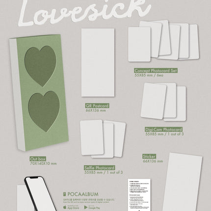 Chaeryeong Lovesick POCAALBUM A Ver. packshot – 70x140x10mm out box, QR postcard, 6 concept photocards, digi-cam and selfie photocards, sticker, user guide