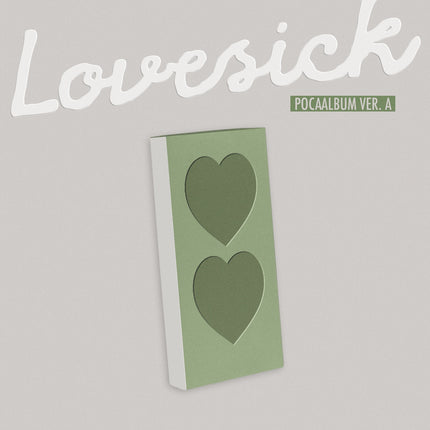 Chaeryeong Lovesick POCAALBUM A Ver. – sage green slim box with two heart-shaped windows on warm gray