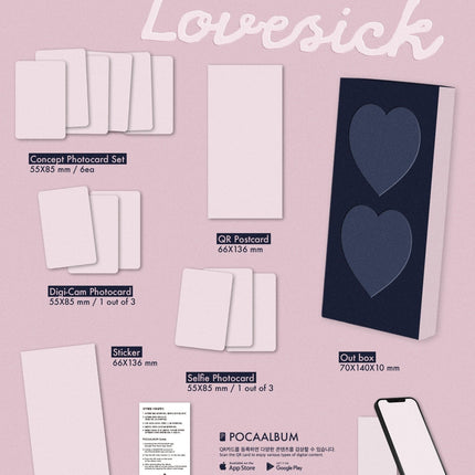 Chaeryeong Lovesick POCAALBUM B Ver. packshot – 70x140x10mm navy out box, QR postcard, 6 concept photocards, digi-cam and selfie photocards, sticker, user guide