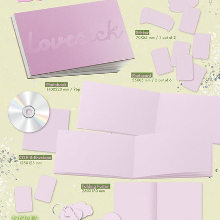 Chaeryeong Lovesick Photobook A Ver. packshot – 140x220mm 96p photobook, CD-R, photocards 2 of 6, sticker, folding poster, mood postcard, pre-order special photocard and paper keyring