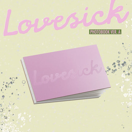 Chaeryeong Lovesick Photobook A Ver. – landscape blush-pink photobook with embossed Lovesick script on a pale yellow background with silver sequins