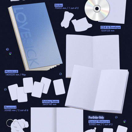 Chaeryeong Lovesick Photobook B Ver. packshot – 140x220mm 96p photobook, CD-R, photocards 2 of 6, sticker, folding poster, mood postcard, pre-order special photocard and paper keyring