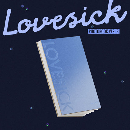Chaeryeong Lovesick Photobook B Ver. – portrait periwinkle-blue photobook with vertical LOVESICK title and Chaeryeong signature on a navy background
