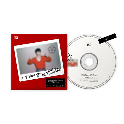 ENHYPEN 'I Want You' Single CD JAY ver. – red hardcover sleeve with Polaroid photo of Jay in a red sweater, white CD with JAY name tag