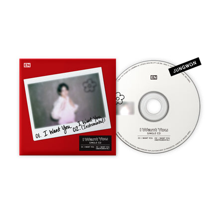 ENHYPEN 'I Want You' Single CD JUNGWON ver. – red hardcover sleeve with Polaroid photo of Jungwon in a light pink top, white CD with JUNGWON name tag