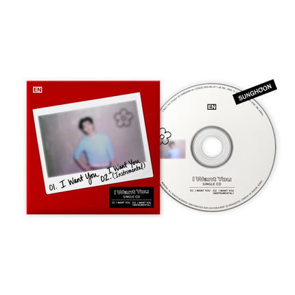 ENHYPEN 'I Want You' Single CD SUNGHOON ver. – red hardcover sleeve with Polaroid photo of Sunghoon in a light blue shirt, white CD with SUNGHOON name tag