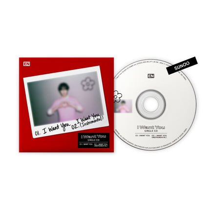 ENHYPEN 'I Want You' Single CD SUNOO ver. – red hardcover sleeve with Polaroid photo of Sunoo making a hand heart in pink, white CD with SUNOO name tag
