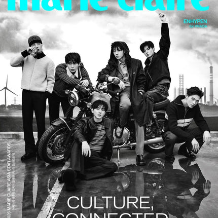 ENHYPEN Marie Claire Korea November 2026 Cover A group version, black-and-white photo of the six members around a vintage motorcycle on wet asphalt with reflections, smokestacks and a wind turbine behind them, cyan Marie Claire logo, ENHYPEN for PRADA