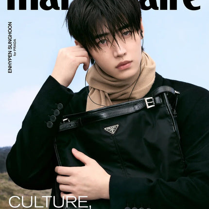 ENHYPEN Sunghoon Marie Claire Korea November 2026 Cover B, Sunghoon with long black fringe and wired earphones in a black coat and camel scarf holding a black nylon Prada tote, pale blue sky, black Marie Claire logo
