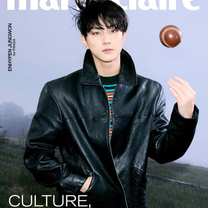 ENHYPEN Jungwon Marie Claire Korea November 2026 Cover F, Jungwon in a black leather jacket over a striped knit tossing a brown leather baseball, windswept black hair, foggy lavender sky over a grassy hill, white Marie Claire logo