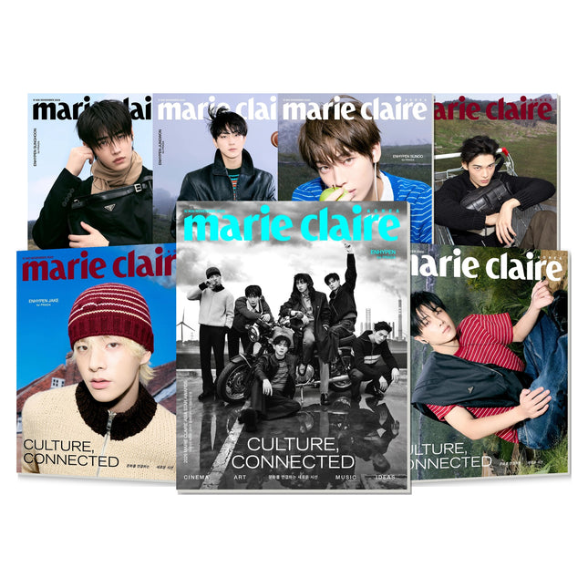 ENHYPEN Marie Claire Korea November 2026 magazine SET, all seven covers A to G on a white background: the black-and-white group motorcycle Cover A in front, Jake and Jay covers beside it, and the Sunghoon, Jungwon, Sunoo and Ni-ki covers in a row behind