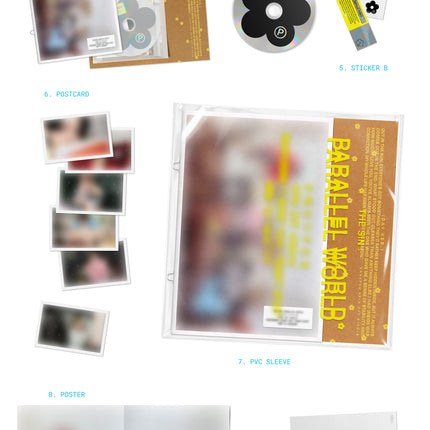 ENHYPEN THE SIN : PARALLEL WORLD DAY Ver. official packshot – photobook, pocket, CD, stickers, 6 postcards, PVC sleeve, poster, Photocard A and B, lyric sheet with dimensions