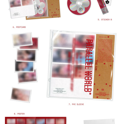 ENHYPEN THE SIN : PARALLEL WORLD DREAM Ver. official packshot – photobook, pocket, CD, stickers, 6 postcards, PVC sleeve, poster, Photocard A and B, lyric sheet with dimensions