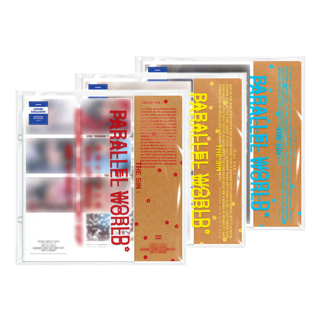 ENHYPEN THE SIN : PARALLEL WORLD hello82 Exclusive – DREAM (red), DAY (yellow) and NIGHT (cyan) versions in clear PVC sleeves with hello82 Exclusive sticker, official U.S. release