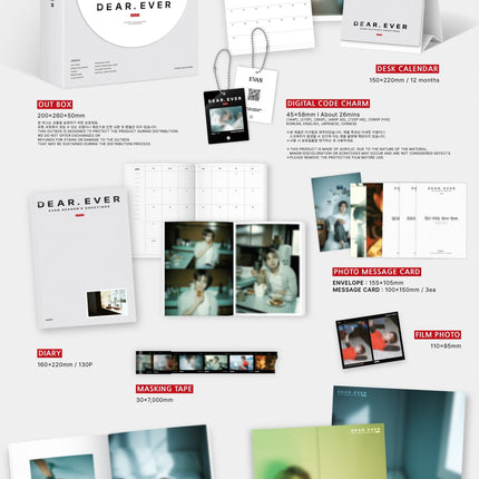 EVAN 2027 Season's Greetings DEAR. EVER official spec sheet: out box 200x260x50mm, desk calendar 150x220mm, diary 160x220mm 130 pages, brochure 170x230mm 24 pages, digital code charm, photo message cards, film photo, masking tape, two folded posters 300x440mm