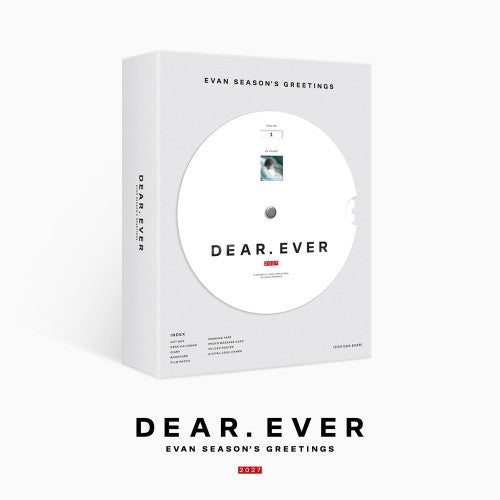 EVAN 2027 Season's Greetings DEAR. EVER box set, white and light gray box with a circular window showing EVAN's photo and the DEAR. EVER logo with red 2027 tag