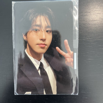 Stray Kids Han KARMA Fans Shop Lucky Draw POB Photocard sealed — dark tousled hair stud earring black suit white shirt thumbs up cool light background