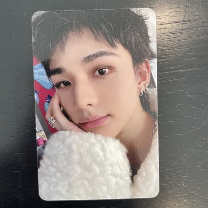 Stray Kids Hyunjin 2026 Season Greetings Straight Supper Club Apple Music POB Photocard — dark hair cream sherpa jacket stacked ear cuffs silver ring bright colorful background
