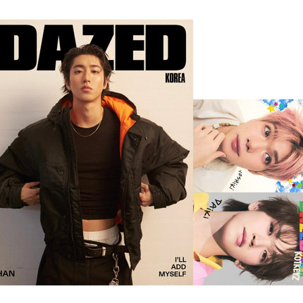 Stray Kids Han Dazed & Confused Korea 2026 Winter Edition Cover A – Han in an oversized black puffer with orange lining and black tank top against a cream wall, black DAZED logo, with KOIKEYZ supplement featuring Daiki and Yoshiki
