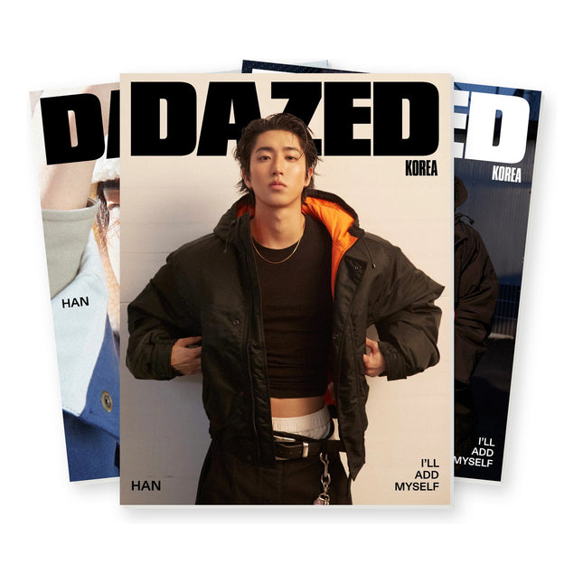 Stray Kids Han Dazed & Confused Korea 2026 Winter Edition magazine SET – all three covers A, B and C standing together: black orange-lined puffer on cream in front, shearling trapper hat close-up and Canada Goose parka at blue hour behind