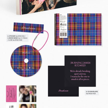 ILLIT BREAK EVEN BURNING Ver. packshot: 88p photobook, plaid sticker, hot pink book band, plaid CD, black envelope, photocards A B C and poster