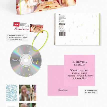 ILLIT BREAK EVEN MAD Ver. packshot: 88p photobook, sticker, lime green book band, holographic CD, pink envelope, photocards A B C and poster