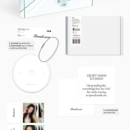 ILLIT BREAK EVEN QUIET Ver. packshot: 92p photobook, sticker, grey book band, white CD, white envelope, photocards A B C and poster