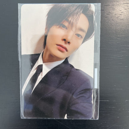 Stray Kids I.N KARMA Fans Shop Lucky Draw POB Photocard sealed — electric blue hair small hoop earring black suit white shirt direct gaze warm wood background