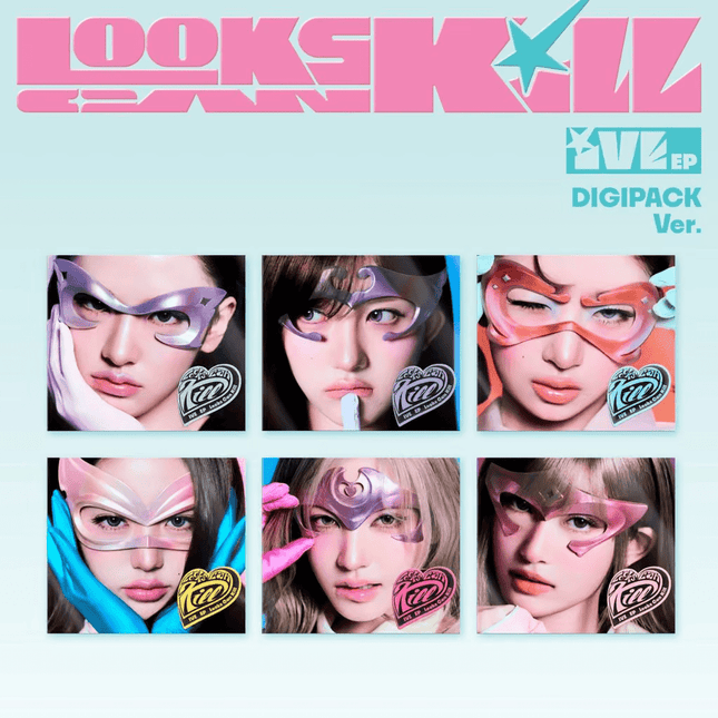 IVE Looks Can Kill EP DIGIPAK all 6 member covers – An Yujin, Gaeul, Rei, Jang Wonyoung, Liz and Leeseo in glossy superhero masks with heart 'Kill' stickers