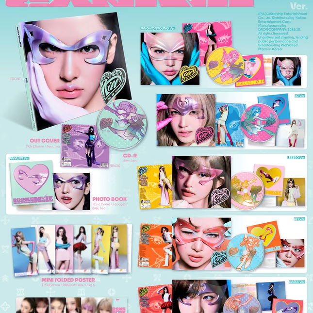 IVE Looks Can Kill DIGIPACK Ver. official packshot – 142x126mm out cover, CD-R, 115x115mm 16-page photobook per member version, 115x230mm mini folded poster (random 1 of 6) and 55x85mm photocard (random 1 of 6)